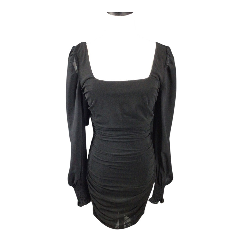 Lulus Black Long-Sleeve Ruched Square-Neck Dress Medium Sheer Sleeves